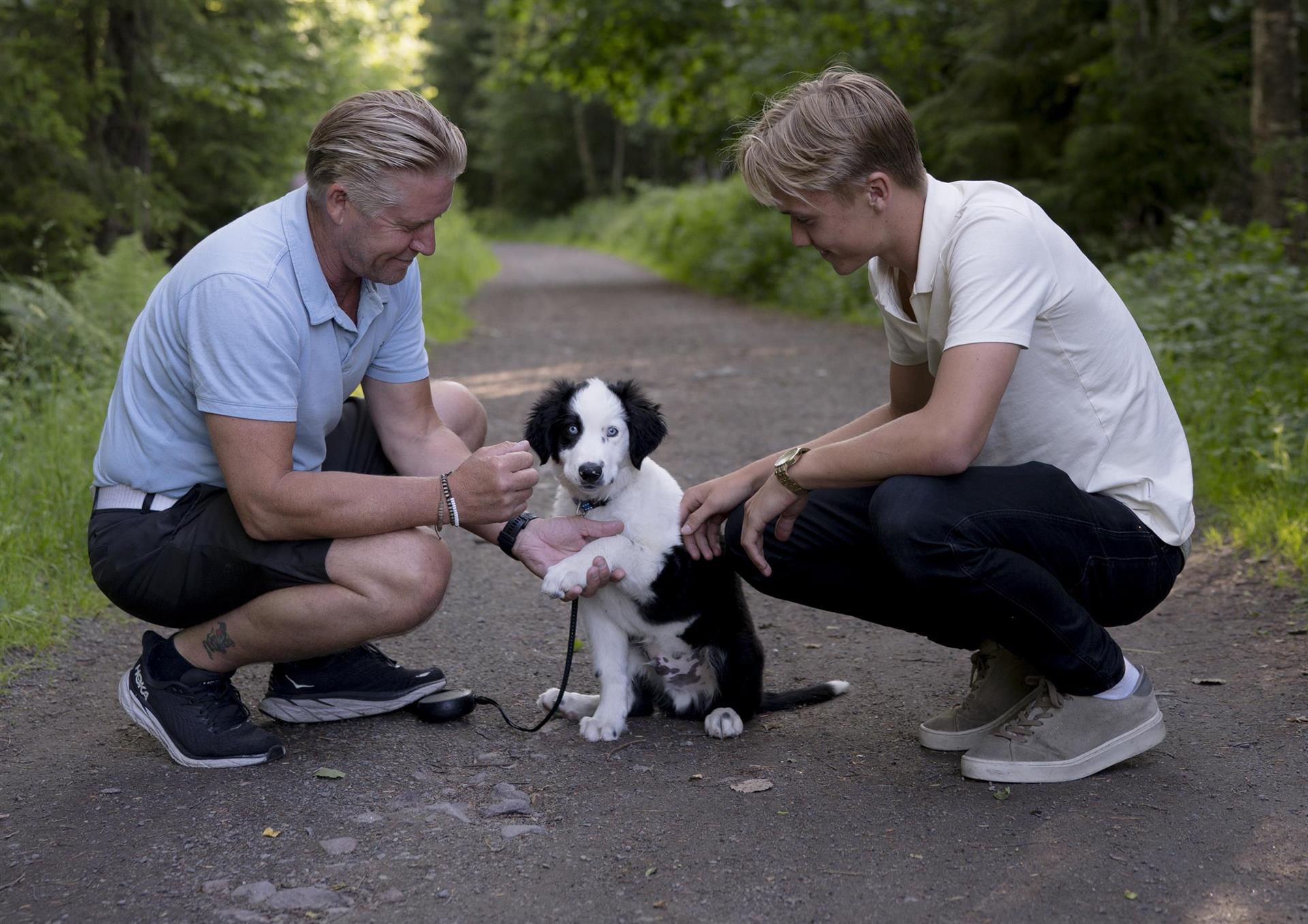 To menn og en hund på en sti i skogen.
