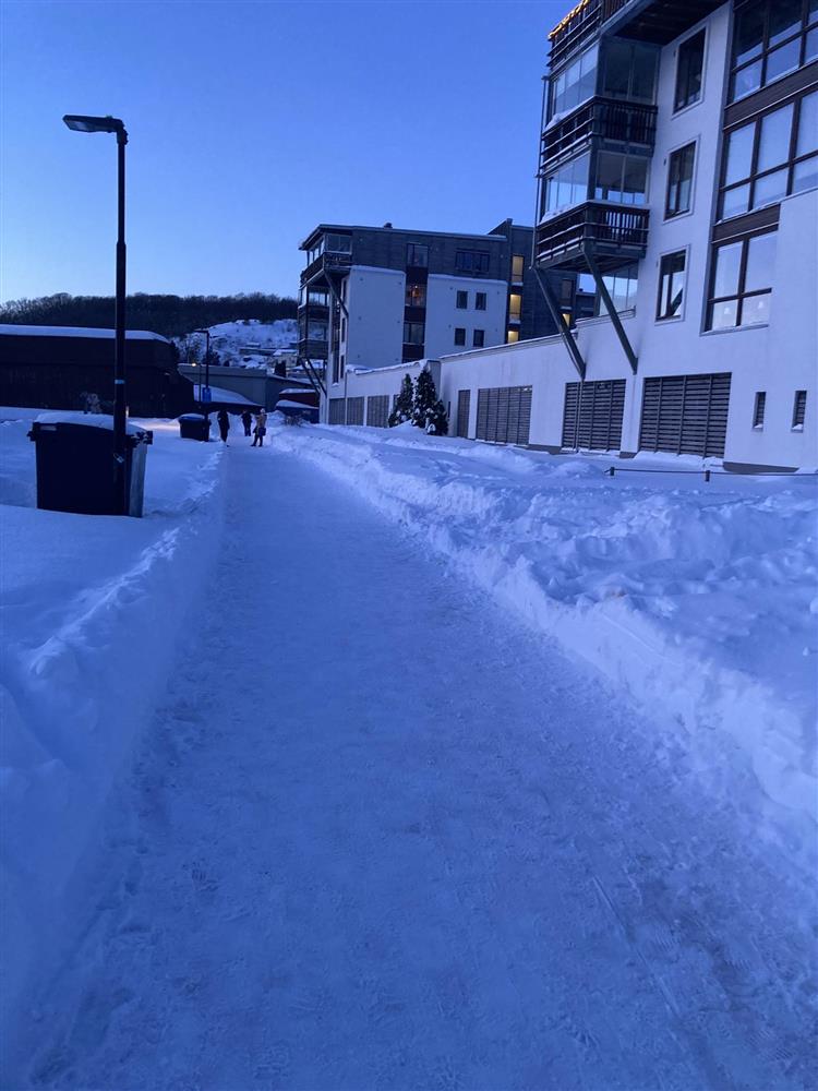 Måka gangvei, ssnøkanter og boligblokk - Klikk for stort bilde