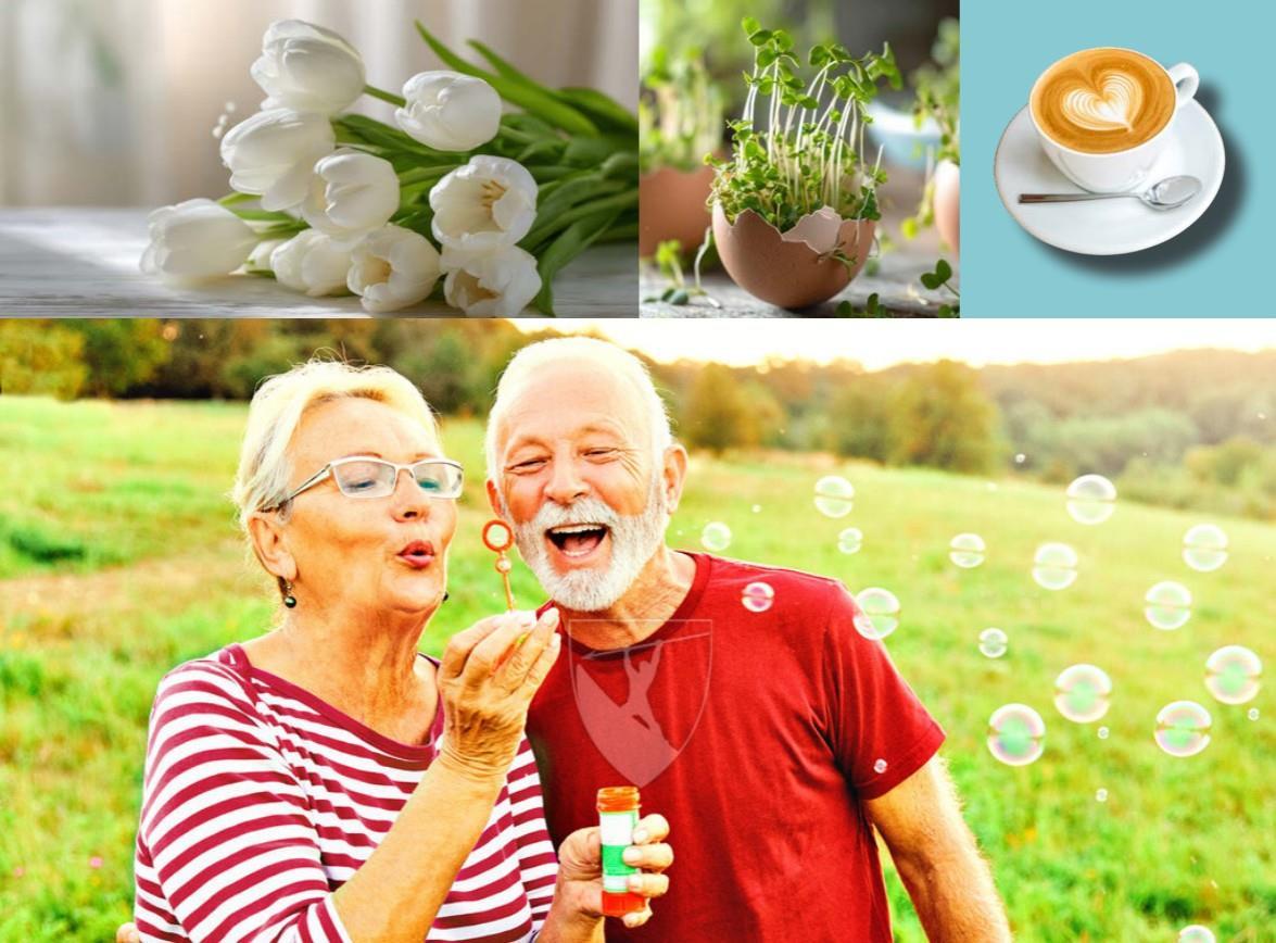 Bildekolasj. Blomster, karse i eggeskall, en kopp kaffe, eldre par som blåser såpebobler.