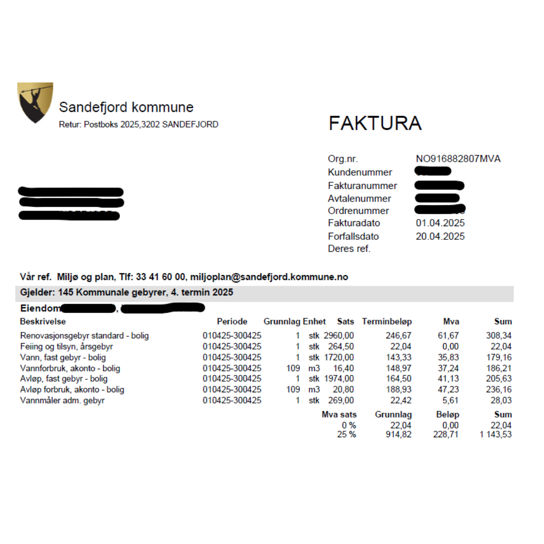 En faktura. - Klikk for stort bilde
