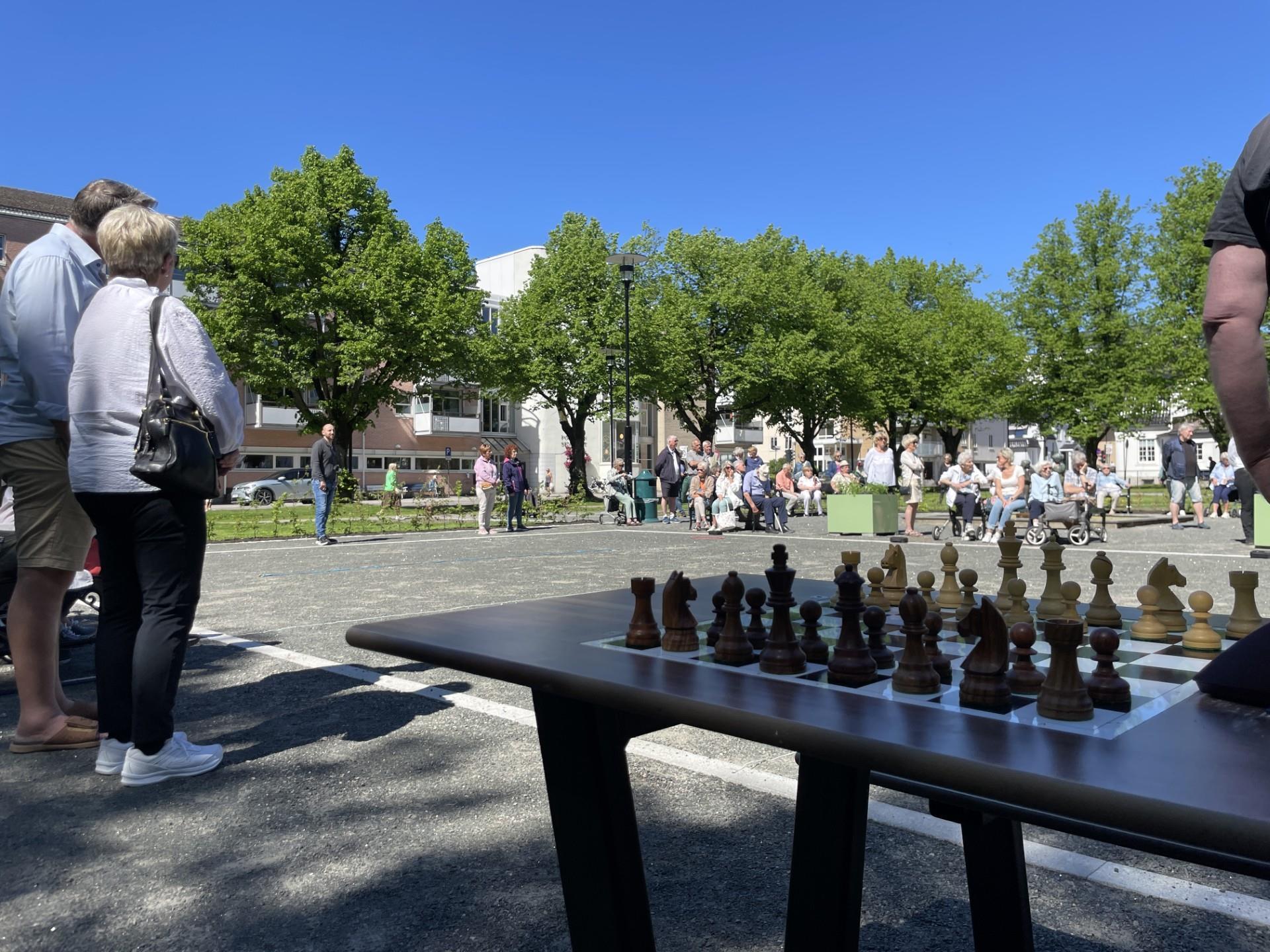 Sjakkbrikker på utebord med folk i bakgrunnen i en park