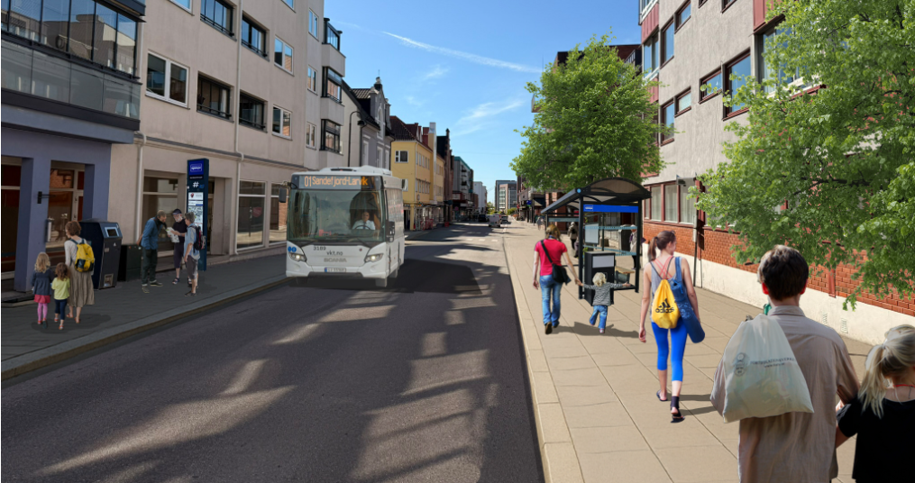 illustrasjonsbilde av sentrumsgate med kollektivtrafikk - Klikk for stort bilde